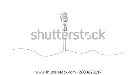 Single continuous line drawing vintage microphone isolated on white background