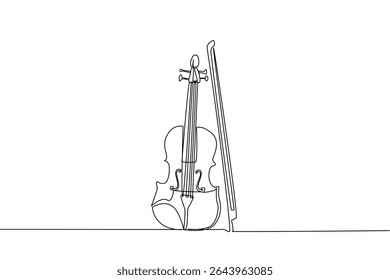 Linha única contínua desenho violino posição de pé com arco ao lado. Um instrumento musical melodioso. Linda melodia quando tocada. Clássico. Dia Mundial da Mentira. Ilustração de vetor de design de uma linha