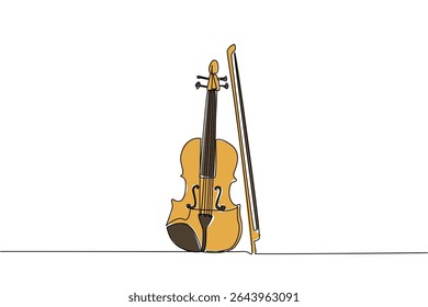 Single continuous line drawing violin standing position with bow at side. A melodious musical instrument. Beautiful melody when played. Classical. World Fiddle Day. One line design vector illustration