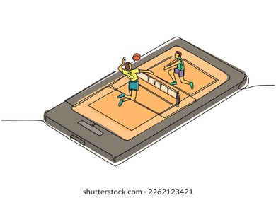 Pista de voleibol de línea continua con dos jugadores en la pantalla del smartphone. Competencia deportiva profesional: jugadores de voleibol durante el partido, aplicación móvil. vector de diseño gráfico de tracción de línea