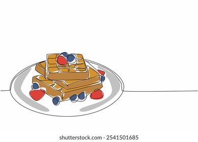 Pilha de waffles de desenho de linha única contínua em placa redonda. Coberturas de morango e framboesa. Fresco doce e azedo. Combinação perfeita. Dia Internacional do Waffle. Ilustração de vetor de design de uma linha
