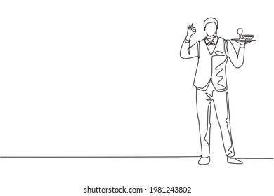 Single continuous line drawing waiter stood up with gesture okay and brought tray of drinking glasses to offer restaurant guests. Success job. Dynamic one line draw graphic design vector illustration