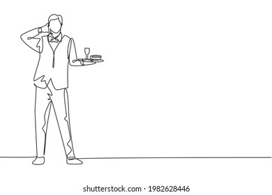 Single continuous line drawing waiter stood up with call me gesture and brought tray drinking glasses to offer restaurant guests. Success job. Dynamic one line draw graphic design vector illustration