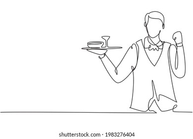 Single continuous line drawing waiter with celebrate gesture and brought a tray of drinking glasses serving visitors at cafeteria. Success job. Dynamic one line draw graphic design vector illustration