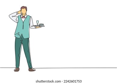 Single continuous line drawing waiter stood up with call me gesture and brought tray drinking glasses to offer restaurant guests. Success job. Dynamic one line draw graphic design vector illustration