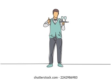 Single continuous line drawing waiter stood up with a thumbs-up gesture and brought a tray of drinking glasses to offer to restaurant guests. Dynamic one line draw graphic design vector illustration.