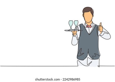Single continuous line drawing waiter with a gesture raised his thumb and brought a tray of drinking glasses serving visitors at the cafeteria. Dynamic one line draw graphic design vector illustration