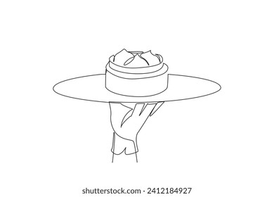 Single continuous line drawing the waiter holds a food tray serving dim sum in bamboo steamer basket. Traditional Chinese food. Has a sweet and savory salty taste. One line design vector illustration