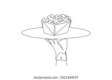 Single continuous line drawing the waiter holds a food tray serving popcorn. Made from popcorn. Avoid aging. Friends when watching movie. Has a salty taste. Snacks One line design vector illustration