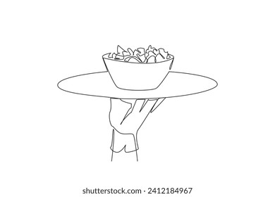 Single continuous line drawing the waiter holds a food tray serving salad. Greek salad. Fresh fruit slices. Served on a bowl. Served cold is more delicious. Tasty. One line design vector illustration
