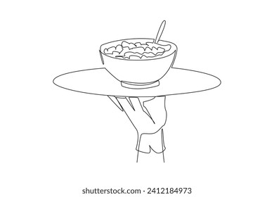 Single continuous line drawing the waiter holds a food tray serving cereal. Foods usually eaten for breakfast. Served with fresh milk. Tasty. Delicious. Filling. One line design vector illustration