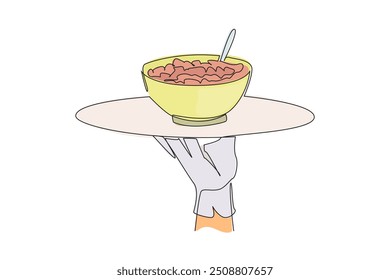Single continuous line drawing the waiter holds a food tray serving cereal. Foods usually eaten for breakfast. Served with fresh milk. Tasty. Delicious. Filling. One line design vector illustration