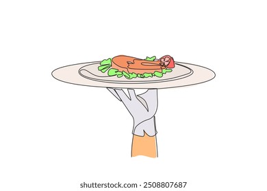 Single continuous line drawing waiter holds food tray serving baked salmon. Healthy fillet meat. Contains lots of nutrients. High in protein. Healthy food for body. One line design vector illustration