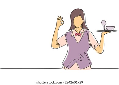 Single continuous line drawing waitress with gesture okay and brought a tray of drinking glasses serving visitors at cafeteria. Successful job. Dynamic one line draw graphic design vector illustration