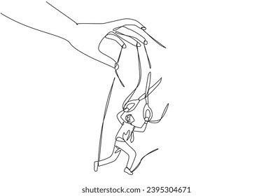 Single continuous line drawing the walking businessman moved by ropes controlled by giant hands. Trying to untie knot with scissors. Escape. Freedom in business. One line design vector illustration