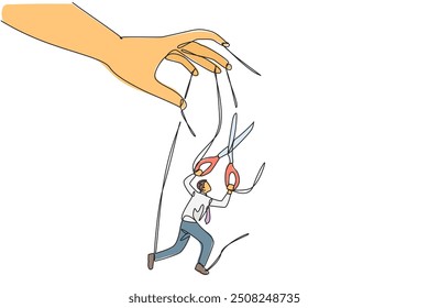 Single continuous line drawing the walking businessman moved by ropes controlled by giant hands. Trying to untie knot with scissors. Escape. Freedom in business. One line design vector illustration