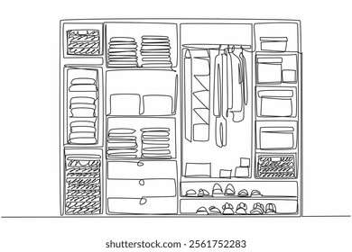 Single continuous line drawing wardrobe with several compartments containing boxes made of woven rattan. Arrange contents of the cupboard neatly. Get Organized Day. One line design vector illustration