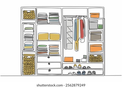 Single continuous line drawing wardrobe with several compartments containing boxes made of woven rattan. Arrange contents of the cupboard neatly. Get Organized Day. One line design vector illustration