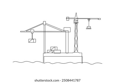 Dibujo de línea continua única de almacén, envío, puerto, actividad de carga y todo sobre la actividad portuaria. concepto minimalista de puerto y carga. Línea simple.