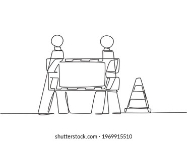 Single continuous line drawing warnings on under construction boards and traffic cones located on the side of the road that is undergoing repairs. One line draw graphic design vector illustration.