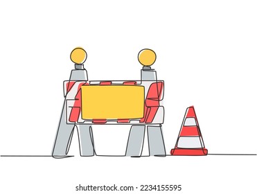 Single continuous line drawing warnings on under construction boards and traffic cones located on the side of the road that is undergoing repairs. One line draw graphic design vector illustration.