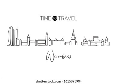 Single continuous line drawing Warsaw city skyline, Poland. Famous skyscraper landscape postcard. World travel wall decor art poster concept. Editable modern one line draw design vector illustration