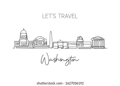 Single continuous line drawing of Washington city skyline, USA. Famous city scraper landscape. World travel concept home wall decor poster print art. Modern one line draw design vector illustration