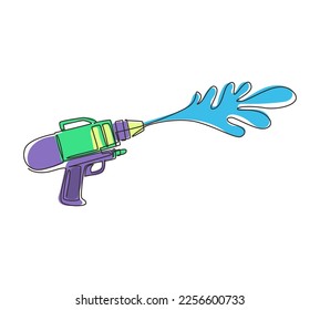 Single continuous line drawing water gun for Songkran festival in Thailand. Logo for water festival with gun and water drops. Plastic summer toys for children. One line draw design vector illustration