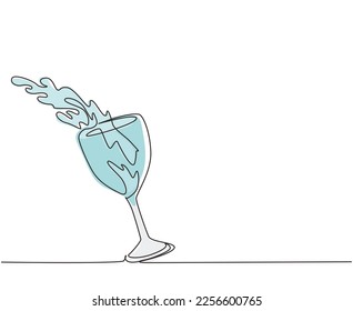 Single continuous line drawing water splashing from glass isolated on white background. Water splash in glass. Splashes of water in a glass. Dynamic one line draw graphic design vector illustration