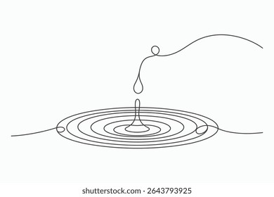 A single continuous line drawing of a water droplet falling and creating ripples in a still body of water. Minimalist and elegant design, perfect for spa, wellness, or nature-related projects.