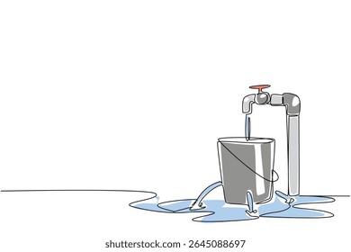 Single continuous line drawing water leaks out of a bucket with holes filled with taps and puddles. Neglect becomes waste. Broken. National Hole In My Bucket Day. One line design vector illustration