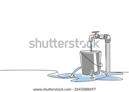Single continuous line drawing water leaks out of a bucket with holes filled with taps and puddles. Neglect becomes waste. Broken. National Hole In My Bucket Day. One line design vector illustration