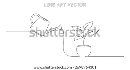 A single continuous line drawing of a watering can pouring water on a small potted plant, symbolizing growth and care