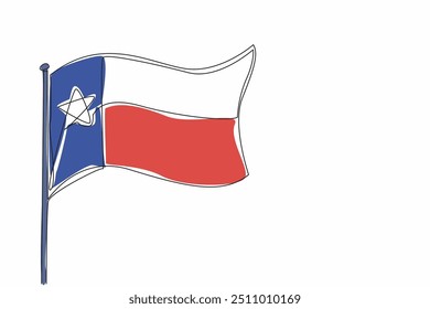 Dibujo de una sola línea continua ondeando la bandera de Texas en el asta de la bandera. Celebración cada 2 de marzo. Oficialmente se convirtió en parte de los Estados Unidos. Día de la Independencia de Texas. Ilustración vectorial de diseño de una línea