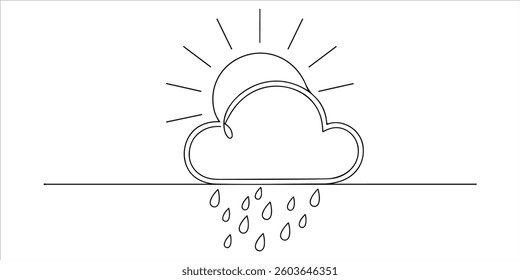 A single continuous line drawing of a weather icon featuring sunshine and light rain. The ever-changing nature of weather conditions reminds us to stay prepared with an umbrella at all times
