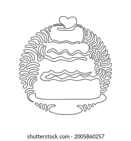 Single continuous line drawing wedding cake with love shape on top. Sweet cake for celebrate marriage party. Swirl curl circle background style. One line draw graphic design vector illustration