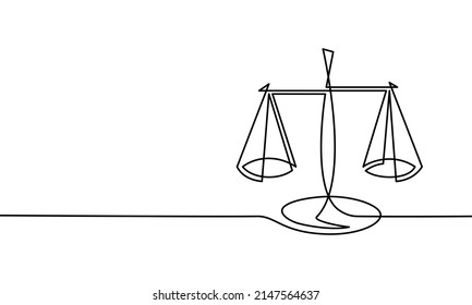 Dibujo de línea continua única de equilibrio de peso, escalas de justicia