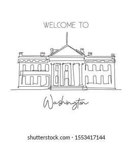 Single continuous line drawing of welcome to White House landmark. Beauty famous place in Washington DC, United States. World travel campaign concept. Modern one line draw design vector illustration