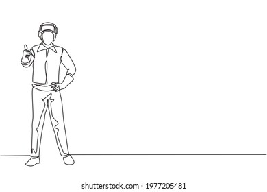 Single continuous line drawing the welder stands with a thumbs-up gesture and the face shield is removed ready to work in his iron workshop. Dynamic one line draw graphic design vector illustration.