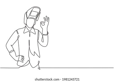 Single continuous line drawing welder with gesture okay works in the construction of building forming steel frame that is melted by fire. Dynamic one line draw graphic design vector illustration