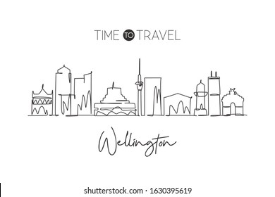 Single continuous line drawing of Wellington city skyline, New Zealand. Famous city scraper landscape. World travel destination concept. Editable stroke modern one line draw design vector illustration