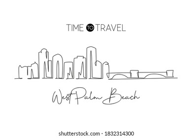 Single Continuous Line Drawing West Palm Beach Skyline, Florida. Famous City Scraper Landscape. World Travel Home Wall Decor Art Poster Print Concept. Modern One Line Draw Design Vector Illustration