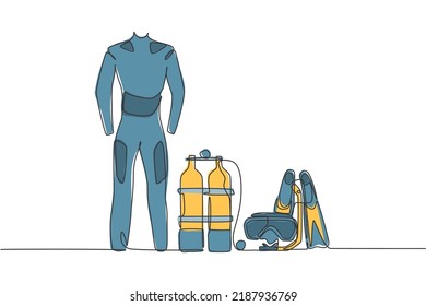 Single continuous line drawing of wetsuit, swimsuit, regulator, oxygen, mask, snorkel, goggle and fins. Underwater sport scuba diving equipment tools concept. One line draw design vector illustration