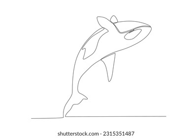 Single continuous line drawing whale killer in water. Orca in swimming pool. Wild whale killer fish swimming in sea life. Orca in under ocean water.