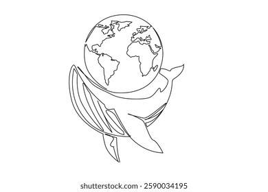 Single continuous line drawing whale swimming while twisting its body and globe. Protect ocean so that the food chain in the ocean is maintained. Mother Ocean Day. One line design vector illustration