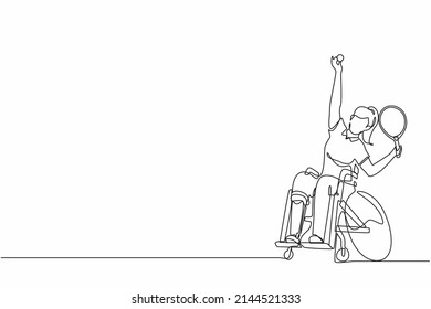 Single continuous line drawing wheelchair tennis sport   athlete in wheelchair and racket  Active people  Woman  Disability  social policy  Social support  One line draw graphic design vector