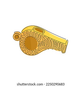 Single continuous line drawing whistle referee. Coach gym whistle. Sports sign play game, coach or trainer equipment. Swirl curl style concept. Dynamic one line draw graphic design vector illustration