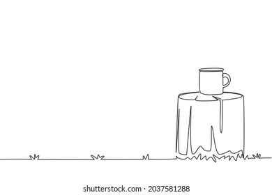 Single continuous line drawing white campfire enamel coffee mug mockup log table in campsite camping ground  Empty mug mock up for design promotion  One line draw design vector illustration