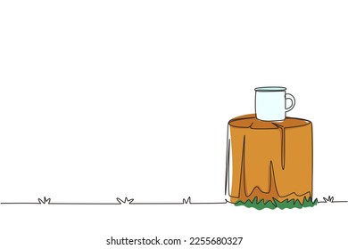 Single continuous line drawing white campfire enamel coffee mug mockup on log table in campsite or camping ground. Empty mug mock up for design promotion. One line draw design vector illustration