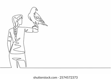 Single continuous line drawing white and beige falcon bird perched on hand of woman. A bird of prey that is reliable in all conditions. Claws. Woman Holding Bird. One line design vector illustration